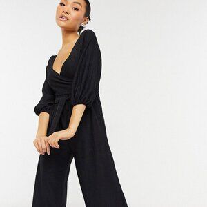 ASOS DESIGN wrap front textured smock jumpsuit in black